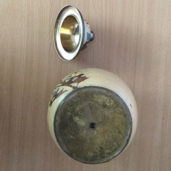 Vintage solid brass enameled jar Urn with lid 9.5" tall 5.5" wide flower heavy - Picture 7 of 8